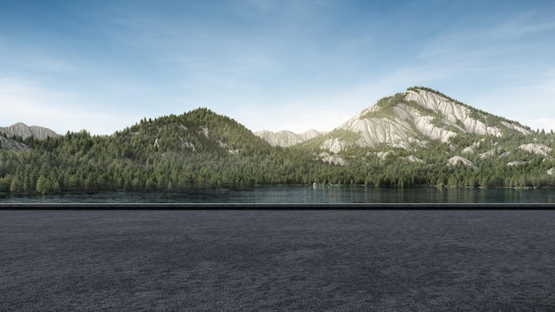 Suelo de asfalto vacío con montaña y cielo azul vista al lago fondo de representación 3D para aparcamiento