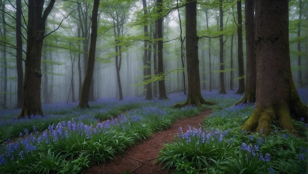 Un suelo de bosque brumoso cubierto de campanillas en flor