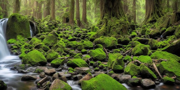 El suelo de un bosque cubierto de musgo con un arroyo que lo atraviesa.