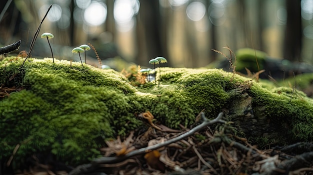 Un suelo de bosque cubierto de musgo con hongos en él