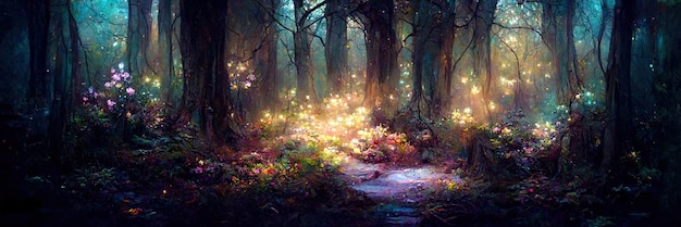 Suelo de bosque de fantasía, árboles, naturaleza, verde, luz. Paisaje forestal. Ilustración digital