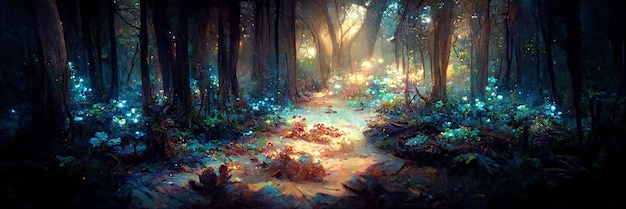 Suelo de bosque de fantasía, árboles, naturaleza, verde, luz. Paisaje forestal. Ilustración digital