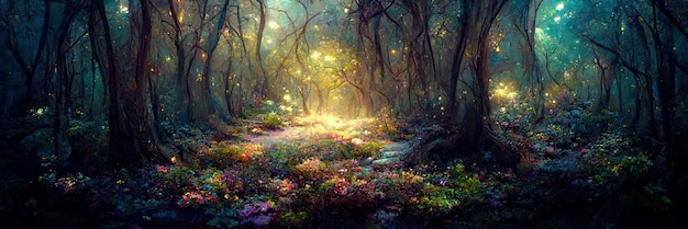 Suelo de bosque natural de fantasía, árboles, naturaleza, verde, luz. Paisaje forestal. Ilustración digital