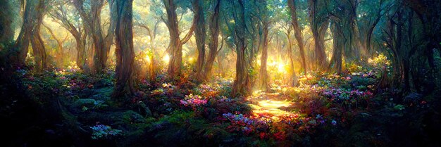 Suelo de bosque de sol de fantasía, árboles, naturaleza, verde, luz. Paisaje forestal. Ilustración digital