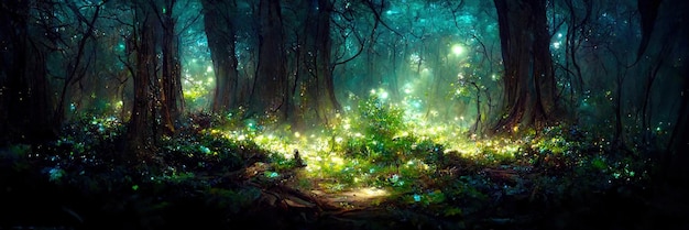 Suelo de bosque verde fantasía, árboles, naturaleza, verde, luz. Paisaje forestal. Ilustración digital