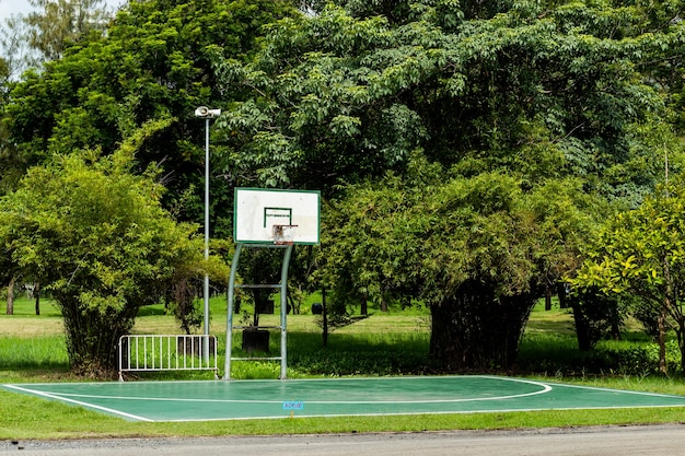 Suelo de cancha de baloncesto al aire libre pulido y protección de pozo pintado en el parque