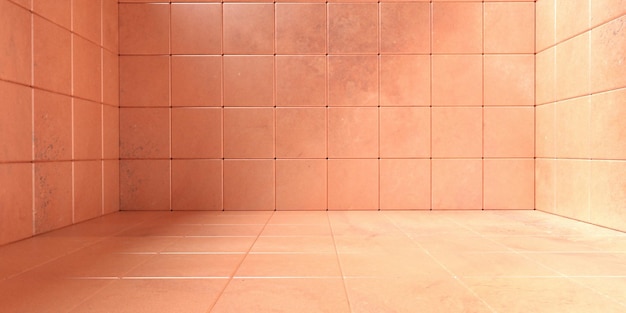 El suelo de la habitación vacía y las paredes de azulejos patrón de fondo de color naranja piedra textura 3d ilustración