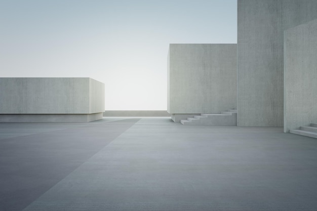 Suelo de hormigón vacío para aparcamiento. Representación 3D del edificio gris abstracto con fondo de cielo despejado.