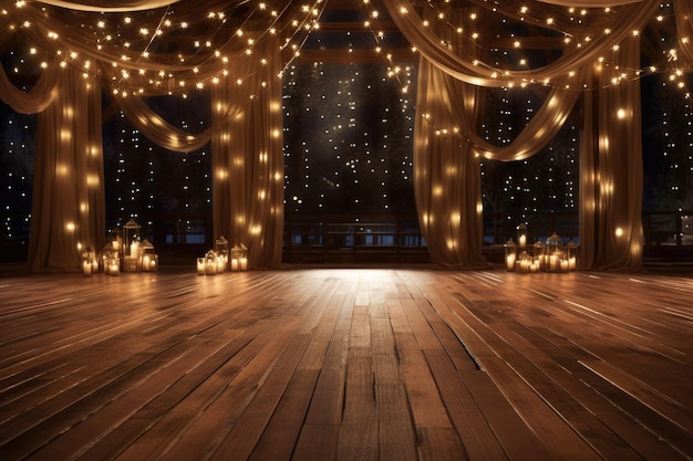 Un suelo de madera para bodas con luces parpadeantes y fondo borroso para eventos y celebraciones de festivales