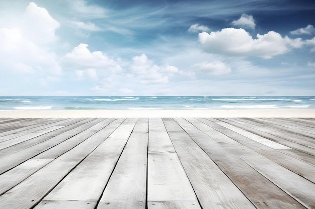 El suelo de madera con el cielo azul borroso El fondo del mar de verano