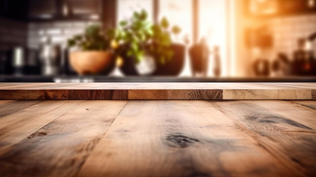 Un suelo de madera en una cocina con plantas al fondo.