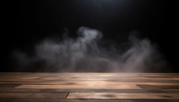 Un suelo de madera con un foco y una cortina de humo.