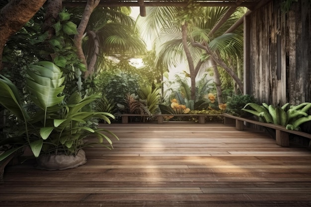 Suelo de madera con fondo tropical Ilustración AI GenerativexA