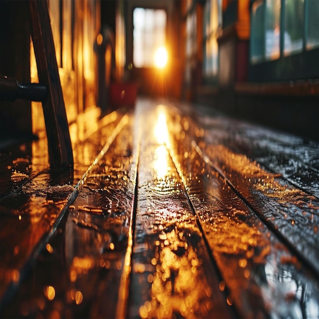 El suelo de madera y las gotas de agua de lluvia la luz cálida borrosa