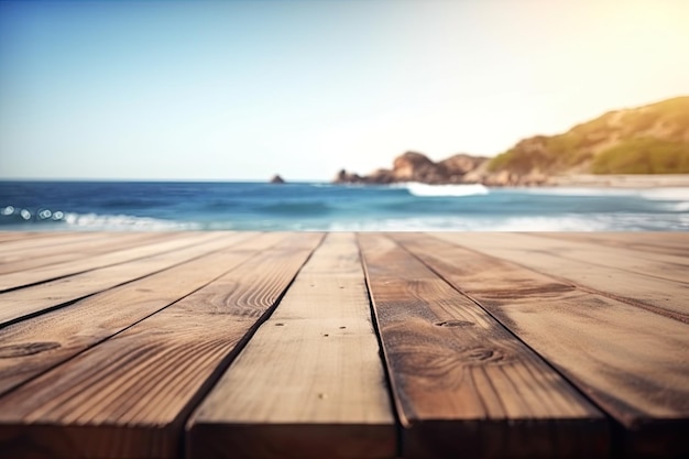 Suelo de madera con playa y mar de fondo