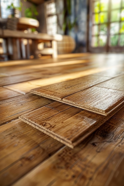 Foto suelo de madera rústico iluminado por el sol en una casa de campo vintage con atmósfera cálida y diseño interior acogedor