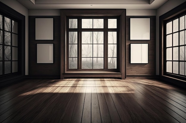 Suelo de madera en tono marrón oscuro con marcos y grandes ventanales
