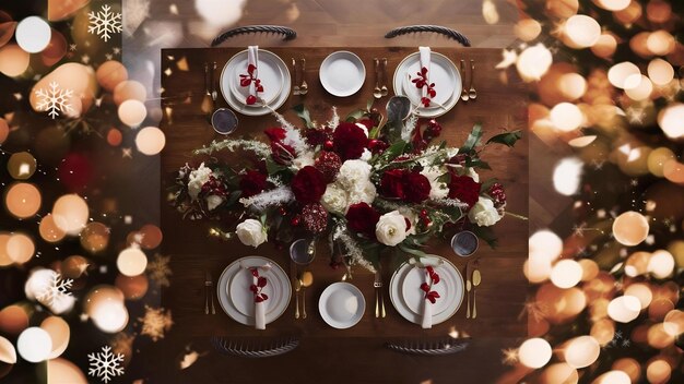 Foto el suelo de la mesa de madera y el fondo de bokeh de navidad