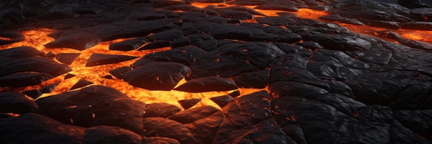 Suelo de roca quemada con rocas fundidas y grietas de lava