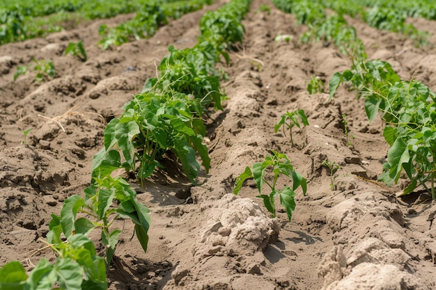 Suelo secado y agrietado en el campo de maíz bajo la luz del sol con IA generada