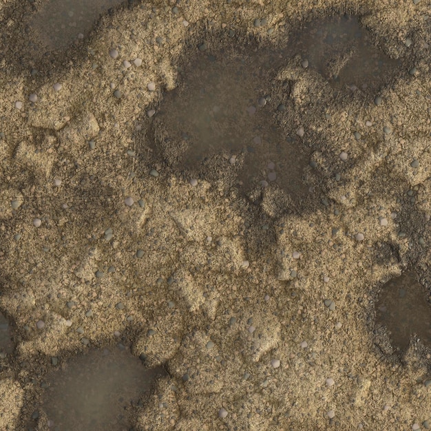 Suelo de tierra realista en 3D con rocas y charcos imagen de fondo de textura renderizada