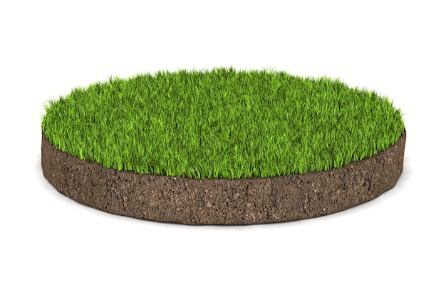 Suelo de tierra redonda con hierba verde sobre fondo blanco. Ilustración 3D aislada