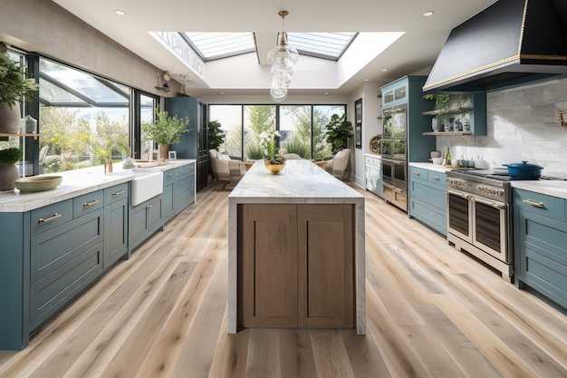 Suelos de madera y baldosas de piedra natural en la cocina de casa costera