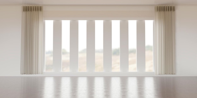 Suelos y paredes de madera Cortinas y grandes ventanales Habitación abierta de par en par Hay una gran ventana de cristal