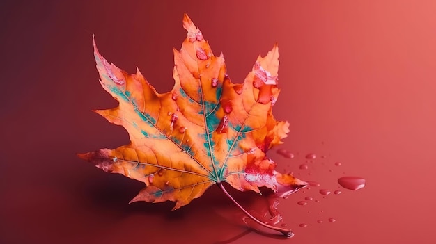 Sueño de arte minimalista de otoño Caída de la hoja de arce sobre un fondo mínimo de color Ai generativo