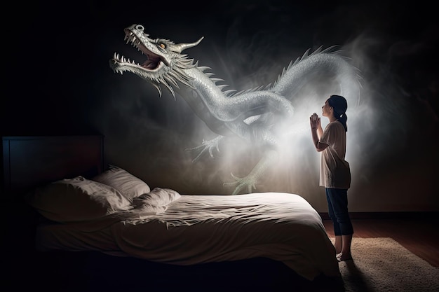 Un sueño fabuloso sobre un dragón Una mujer ve un gran dragón volar en el dormitorio en el humo junto a la cama Ilustración de IA generativa