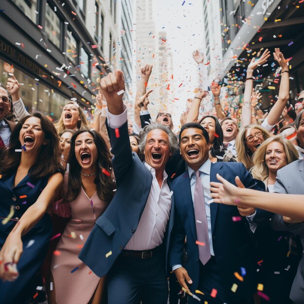 Un sueño hecho realidad Un equipo jubiloso celebra el ascenso de una compañía a Wall Street