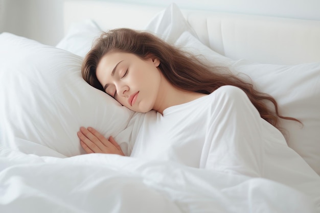 Sueño tranquilo hermosa mujer durmiendo en un dormitorio blanco