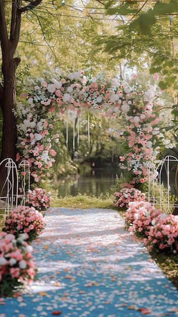 Sueños de boda ceremonia en el parque flores florecientes encantamiento de primavera Fondo de pantalla móvil vertical