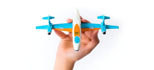Los sueños de la infancia vuelan Un joven sostiene un avión de juguete en la mano contra un fondo blanco y limpio