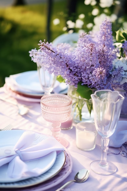 Sueños de lila, mesa de bodas bellamente decorada con acentos de pervinca