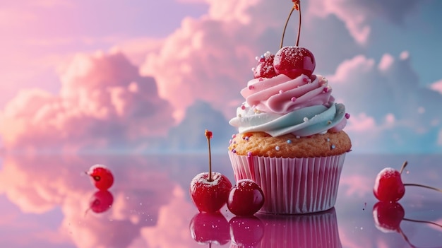 Sueños pastel Un caprichoso cupcake adornado con helado rosa y cerezas jugosas