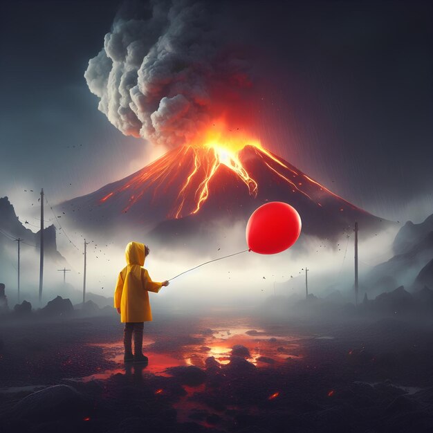 Sueños volcánicos surreales Arte digital de un niño con un globo