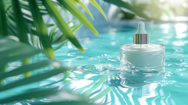 Un suero facial de colágeno antienvejecimiento en un spa de belleza embalaje de botella de producto médico de cuidado de la piel en un fondo blanco con un fondo de piscina de agua de verano inspirado en el océano