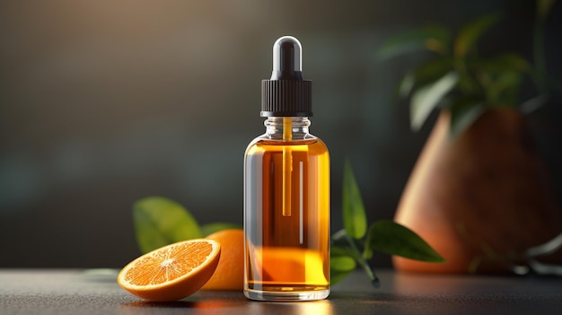 Suero natural de vitamina C con maqueta de gotero de producto para el cuidado de la piel naranja