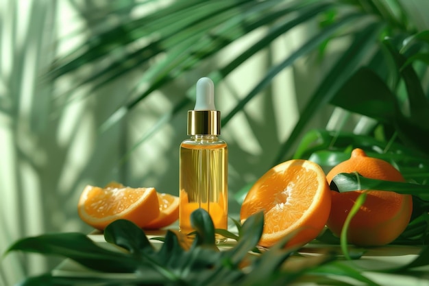 Suero de vitamina C en botella de vidrio con aceite de naranja Cuidado natural de la piel