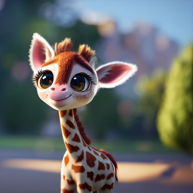 Süße Baby-Giraffe mit großen Augen, schöne kleine Tier-3D-Rendering-Zeichentrickfigur