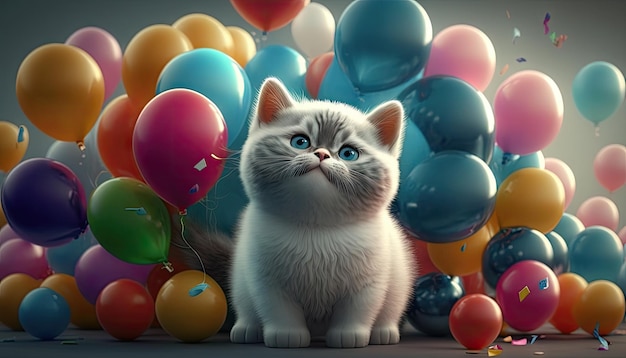 süße Babykatze mit Luftballons Erstellt mit generativer KI