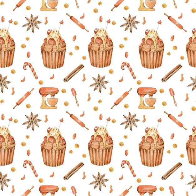 Süße backen Aquarell Illustration Cupcake Mixer Zimt Süßigkeiten handgezeichnete nahtlose Muster auf weiß