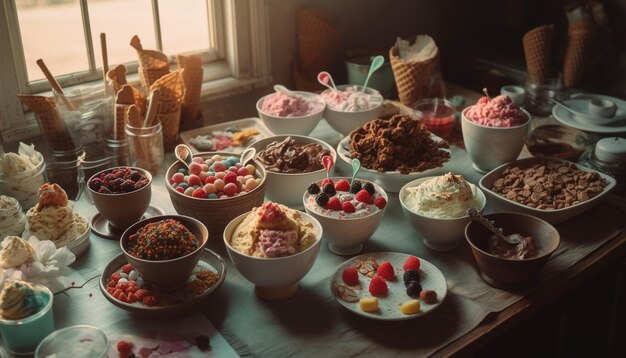 Süße Beeren und Schokolade auf einem rustikalen Tisch, generiert von KI