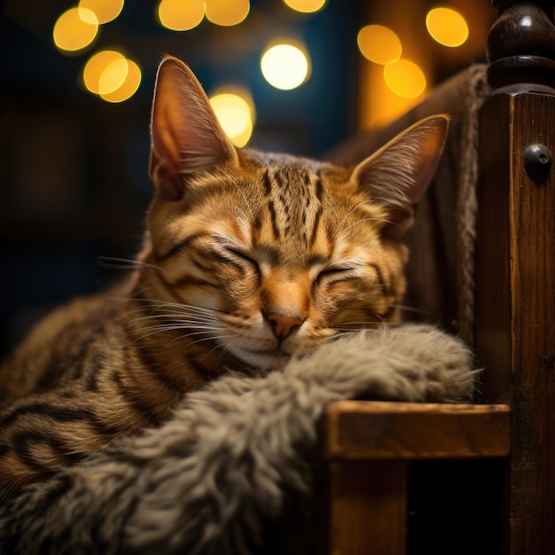 süße bengalische Katze schläft auf einem bequemen langen Holzstuhl