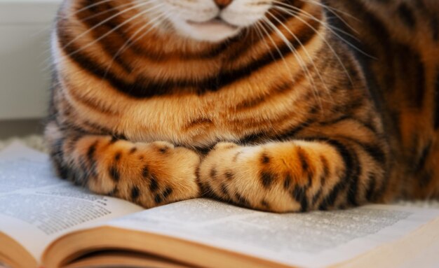 Süße bengalische Katzenpfoten auf Buchnahaufnahme Petanimal ReadingBildungsentwicklungskonzept