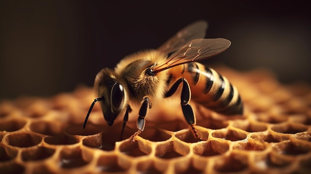 Süße Biene auf sechseckigem Bienenstock mit Kopierraum