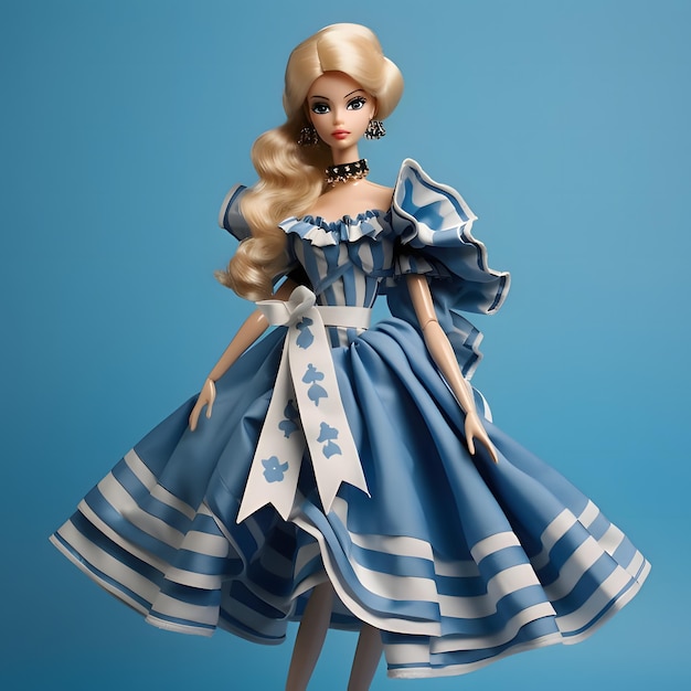 Süße blonde Barbie trägt ein blaues langes Kleid vor blauem Hintergrund. Vorderansicht