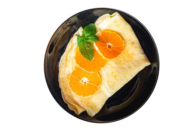 süße Crêpe Zitrusfrüchte dünne Pfannkuchen Frühstück Fastnacht Urlaub Maslenitsa Dessert Pfannkuchen Mahlzeit Essen