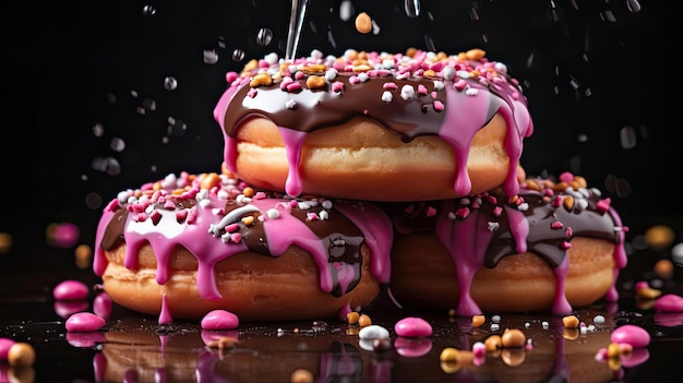 Süße Donuts gefüllt mit geschmolzener Schokolade und Streuseln mit verschwommenem Hintergrund